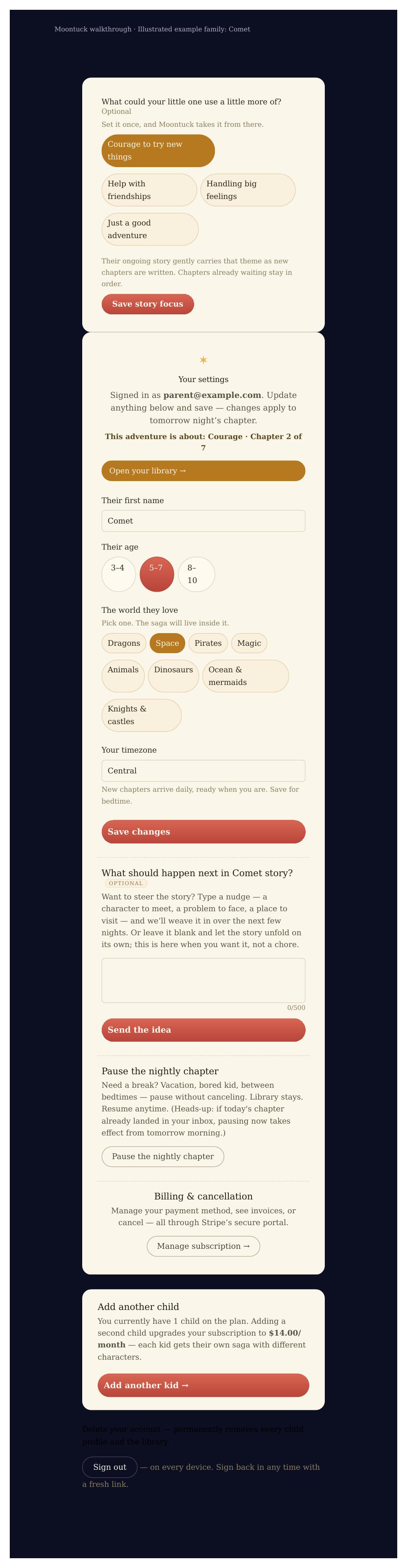 Illustrated subscription account: story focus, preferences, optional nudge, pause, billing, and adding a child. Open the image for a larger view.