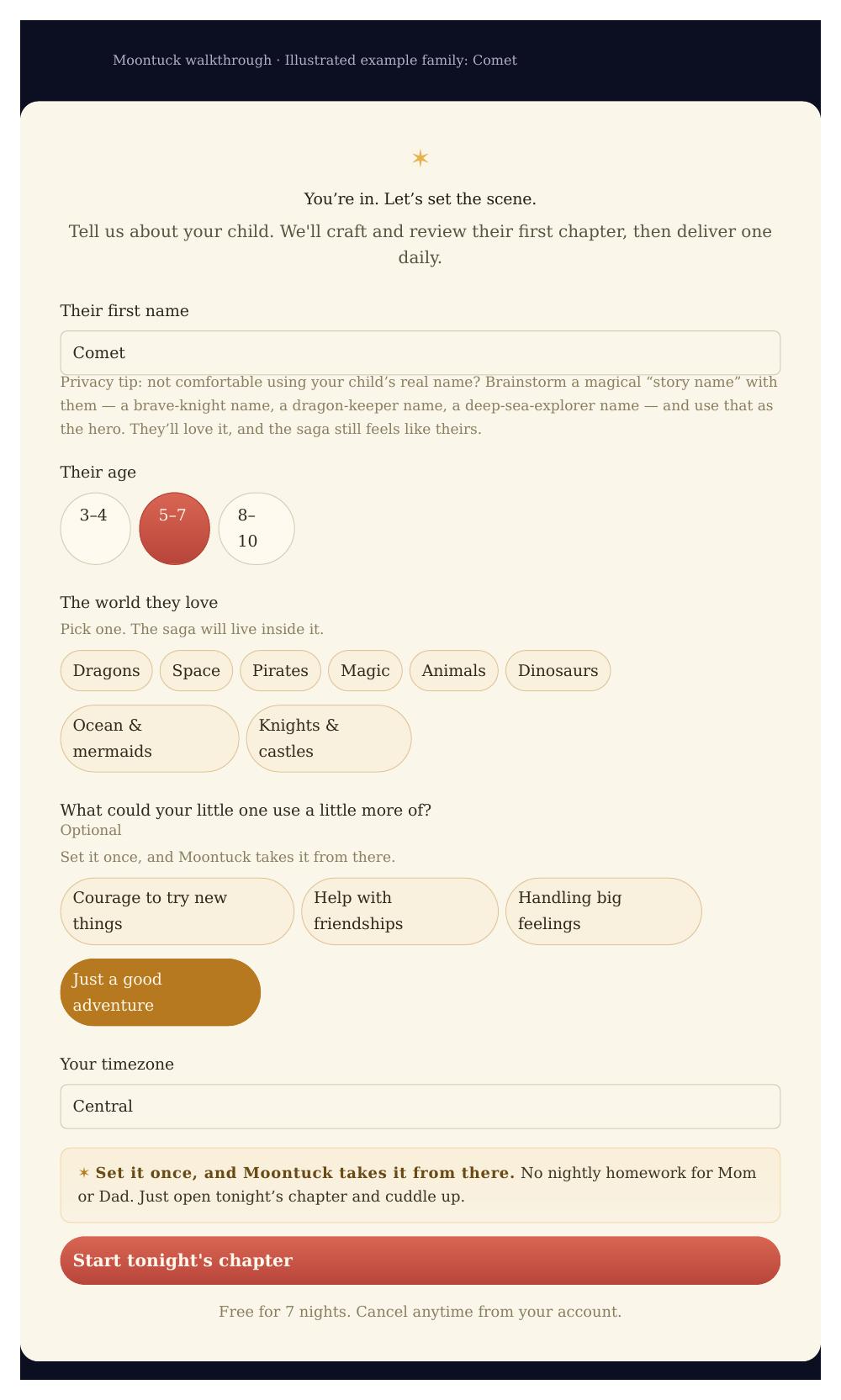 Illustrated setup example using Comet, a made-up story name.